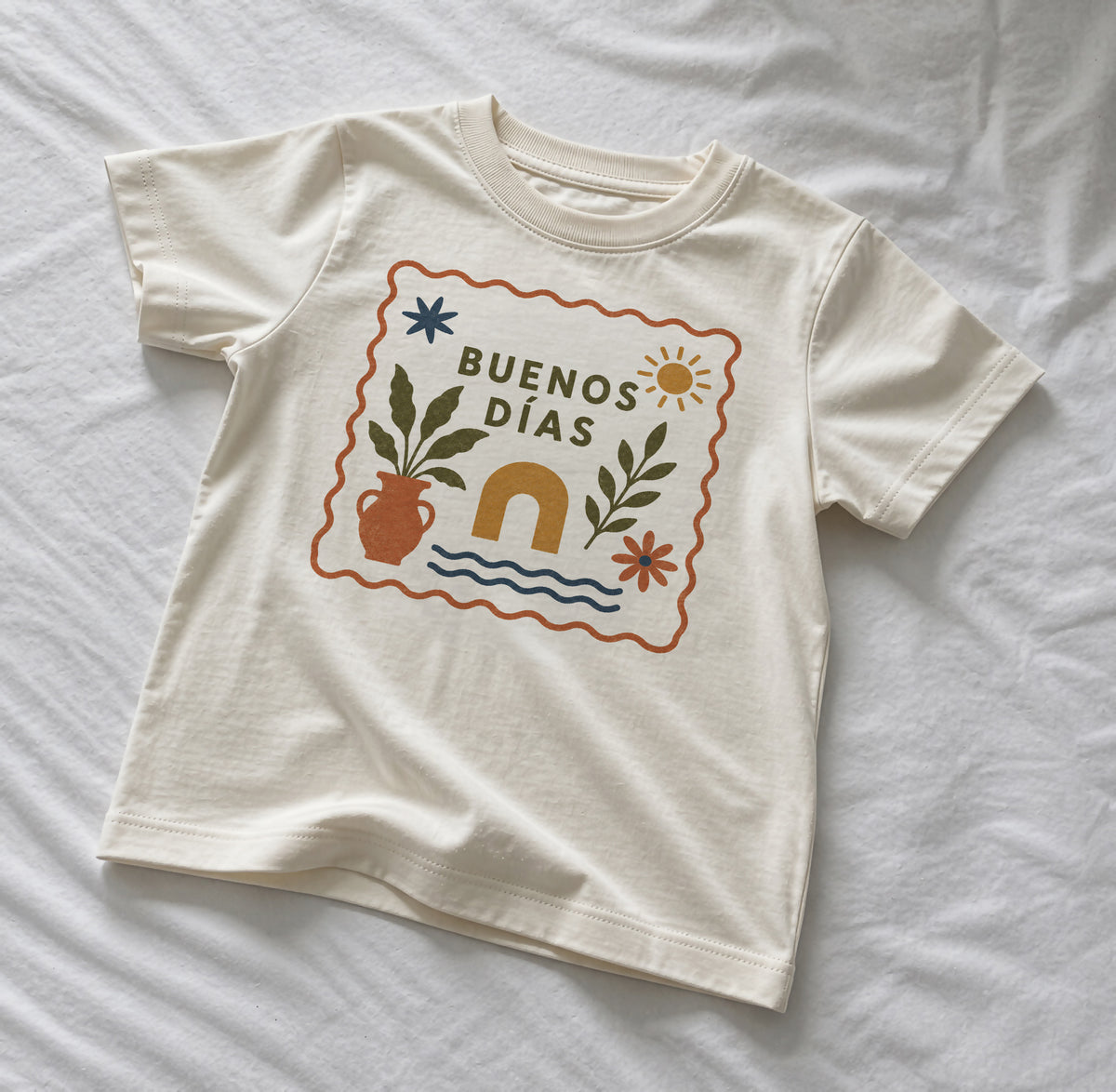 Buenos Días Organic Cotton Kids T-Shirt | Mediterranean Graphic Tee, Summer Holiday Shirt